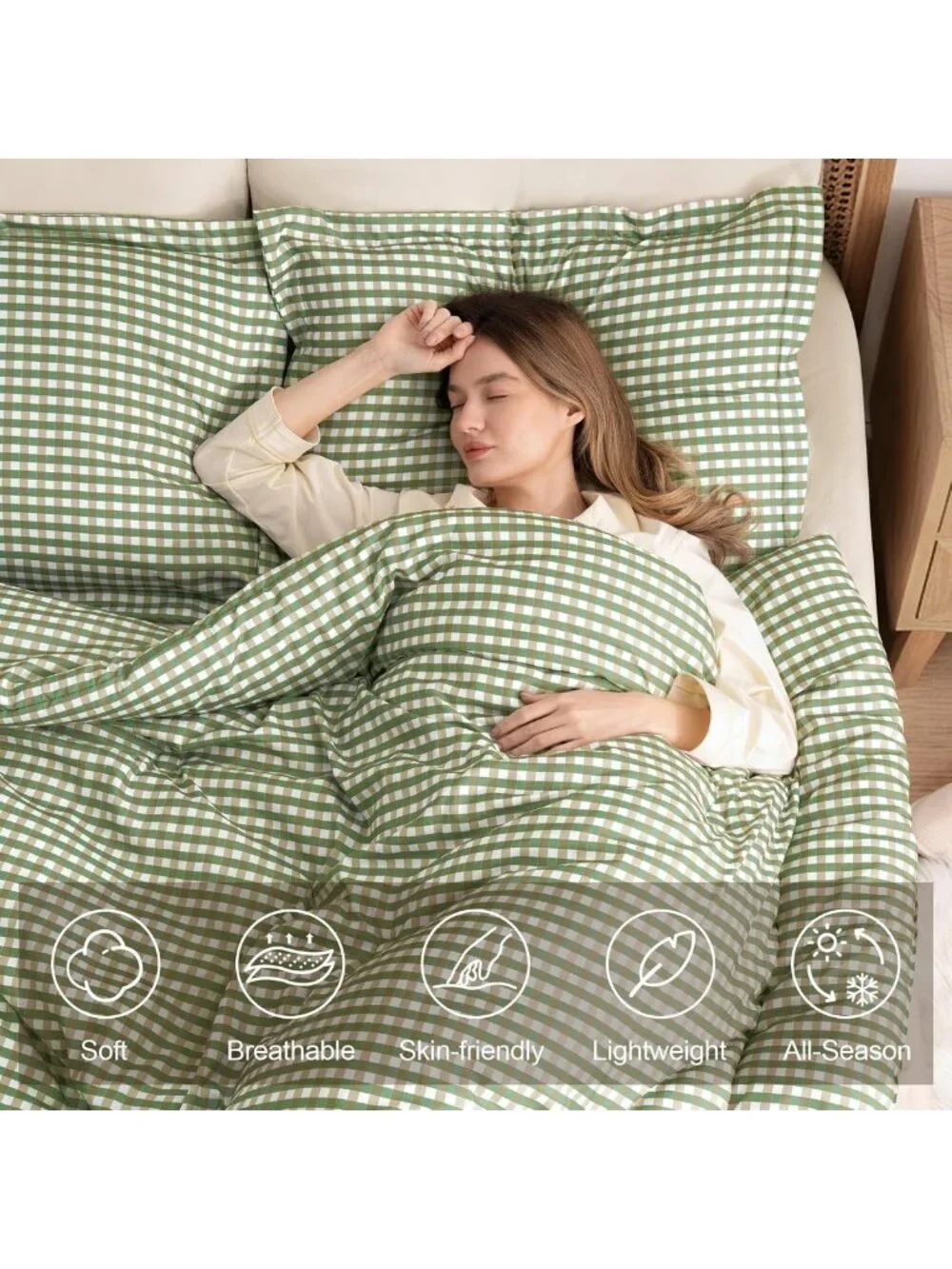 Cozy Twin XL Comforter Set, Fluffy Green Gingham Plaid Bedding, 3-Piece Set